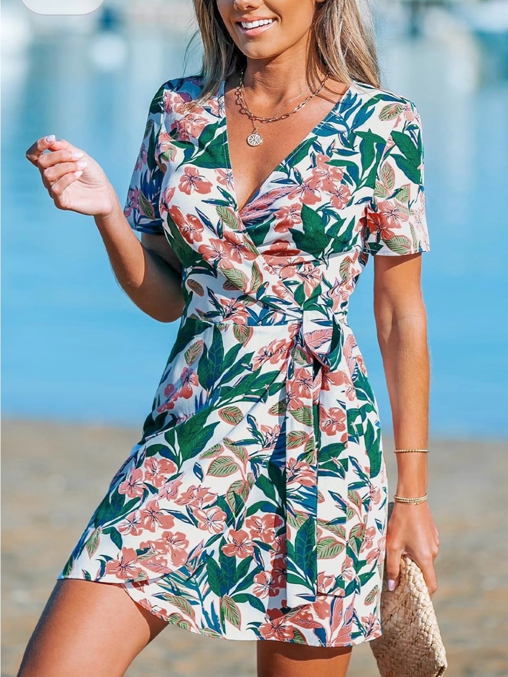 Cupshe White Floral Wrap Dress with Green Leaves and Pink Blooms